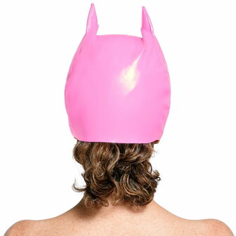 Roze lak katten masker achterzijde