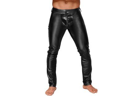 Zwarte wetlook broek met lakdetails