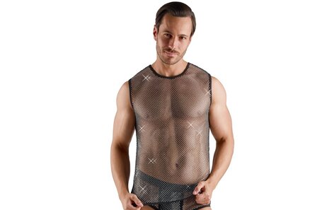 Mouwloos net shirt met strass
