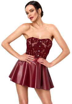 Luxe bordeauxrode corsagejurk met uitlopende powerwetlook rok