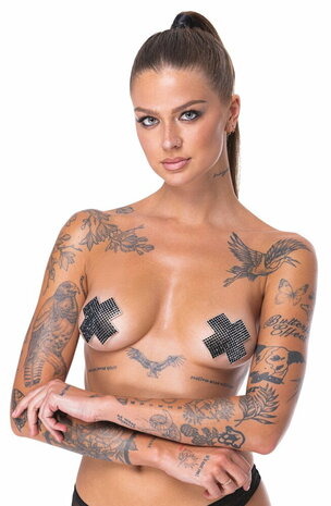 Kruisvormige tepelstickers met zwarte steentjes