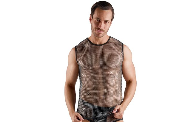 Mouwloos net shirt met strass
